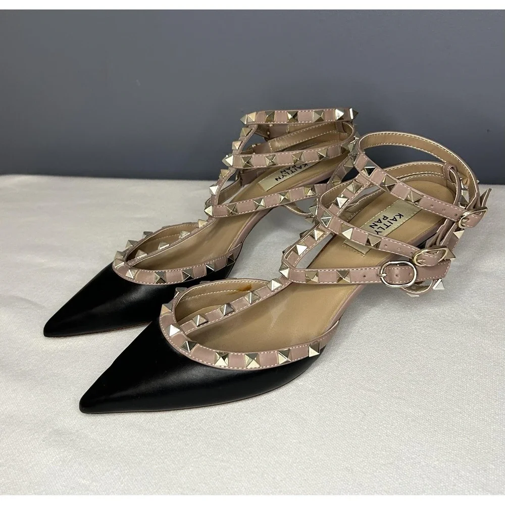 Kaitlyn Pan Shoes Womens 9 Black Studded Strappy Ankle Strap Pointed Toe Heels